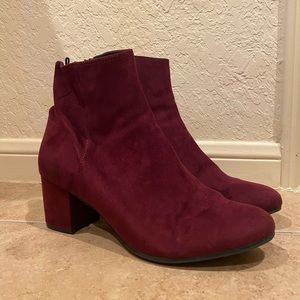 Maroon faux suede booties with block heel